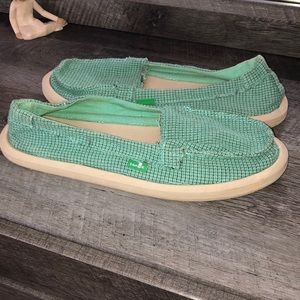 Teal sanuk slip ons